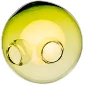 Silver wedding bands inside translucent green orb, gradient yellow to green, polished metal reflects light, diffused lighting, olive background.